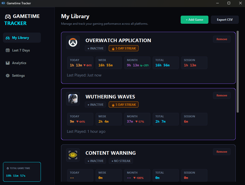 Gametime Tracker Application UI Screenshot